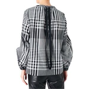 Tibi Long Sleeve Gingham Tie Top Black + White Size 8 Checks